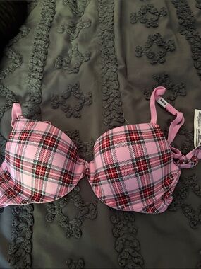 PINK Victoria's Secret Pink Plaid Push-Up Bra with Black & Red Accents
